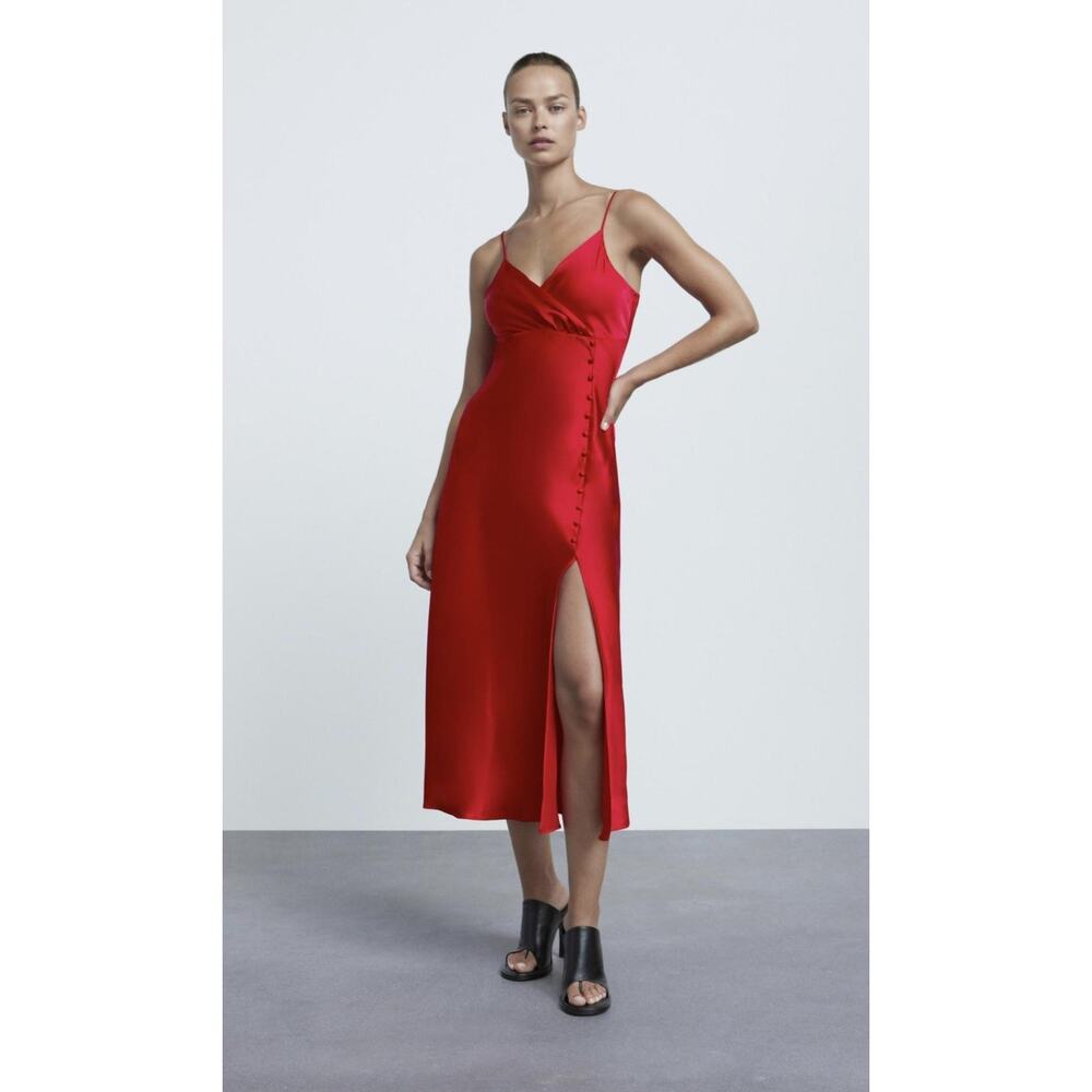 Zara Dress Womens XL Red Satin Slip Midi Spaghetti Strap Button Front Side Slit